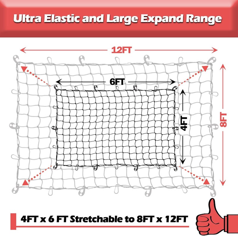 ZOZOE Natural Latex Core Super Duty Cargo Net for Pickup Truck Bed 4'x6' Stretches to 8'x12' | 12 Carabiners + 12 Hooks | Small Tight 4”x4” Mesh Bungee Net for Ford, Dodge, Chevy, Toyota, GMC - Image 4
